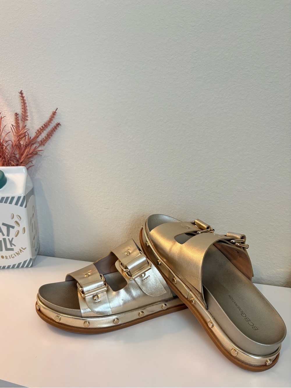Gold Metallic Buckle Slide Sandals